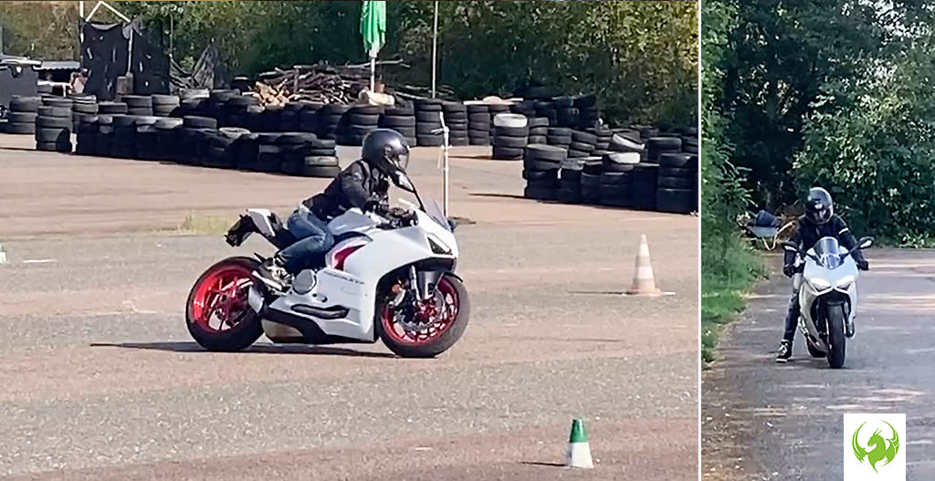 Mit dem Verkauf meiner Firma erfüllte ich mir neue Träume, wie das Motorrad fahren zu lernen. Ein Moment des Innehaltens, in dem sich eine Person auf ihre Gesundheit konzentriert – die Auswirkungen von Stress und innerem Leiden langsam hinter sich lassend. Innehalten, Gesundheit, Stressabbau, inneres Gleichgewicht, Erholung, Selbstfürsorge, Achtsamkeit. 